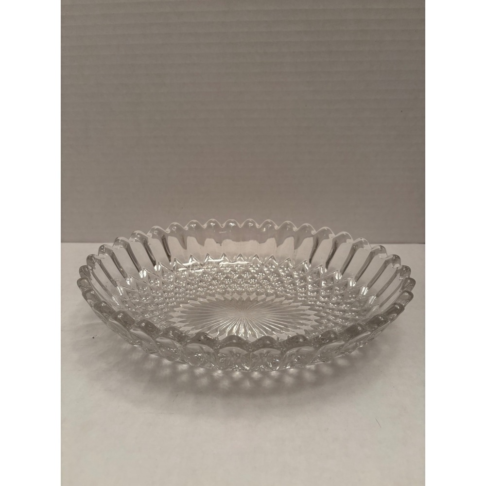 Vintage Clear Pressed Glass Oval Bowl Diamond Point Sunburst Scalloped Rim 8.5"